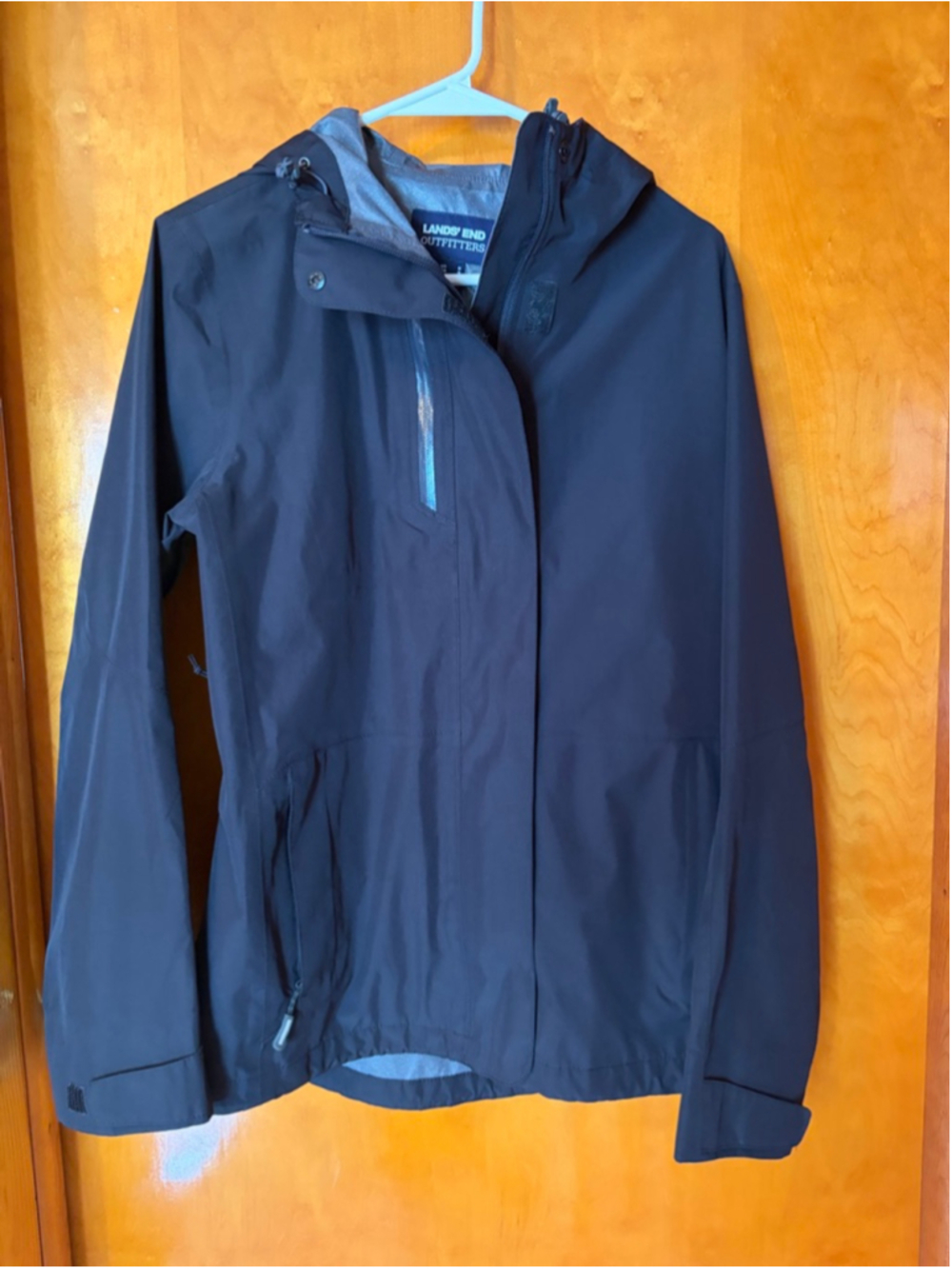 Women's Lands' End Black Hooded Rain Jacket, Size M